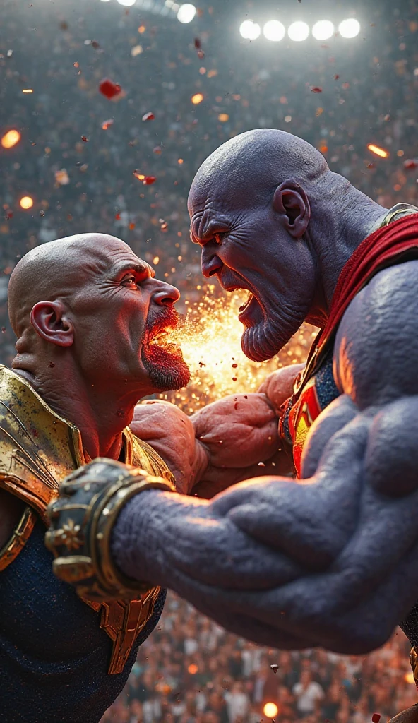 Fighting scene superman and saitama from one punchman. C4D rendering, super-realistic, super-detailed, unreal engine