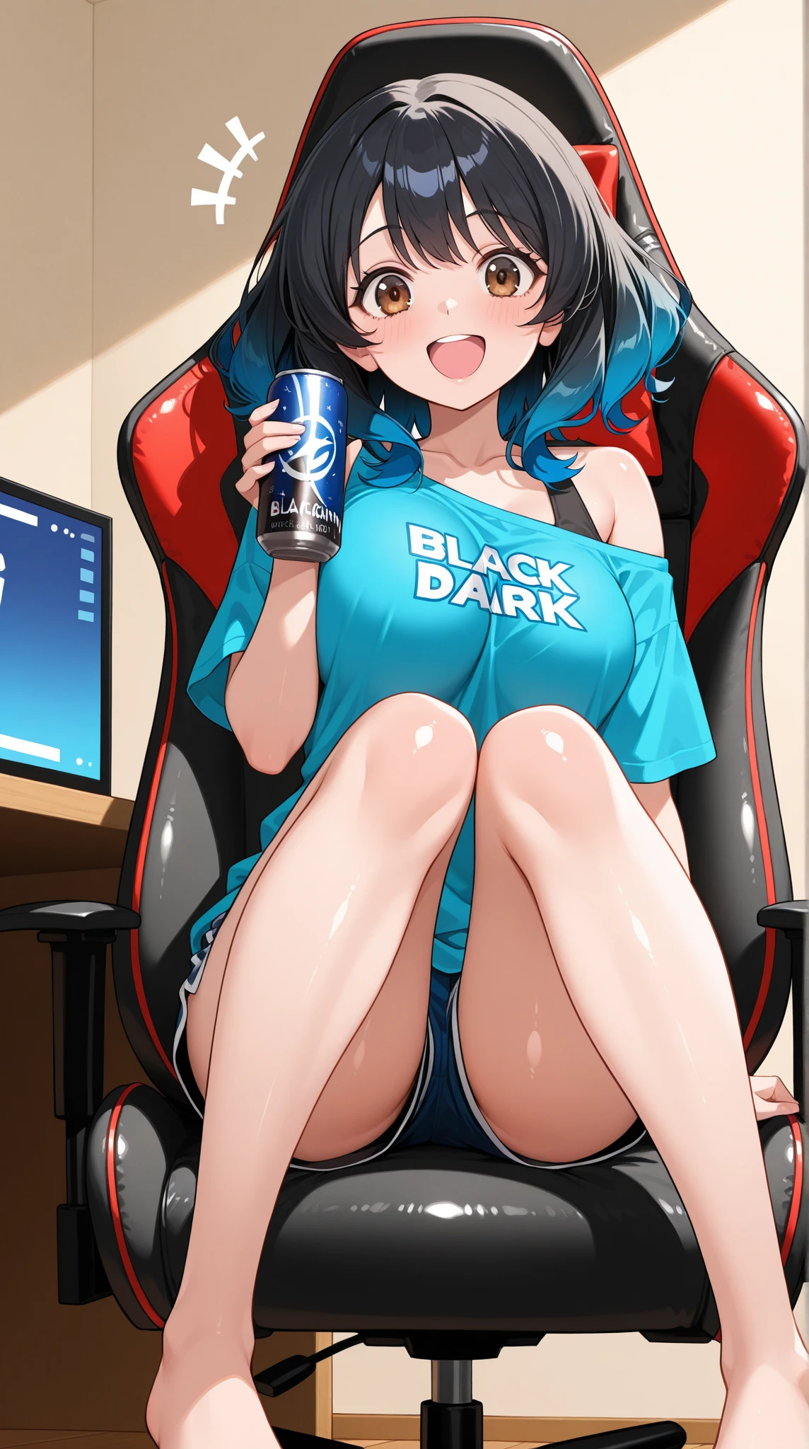 A girl with a Big breast in bikini struggling from the demon inside of her in a chair with a blue Light in is chest