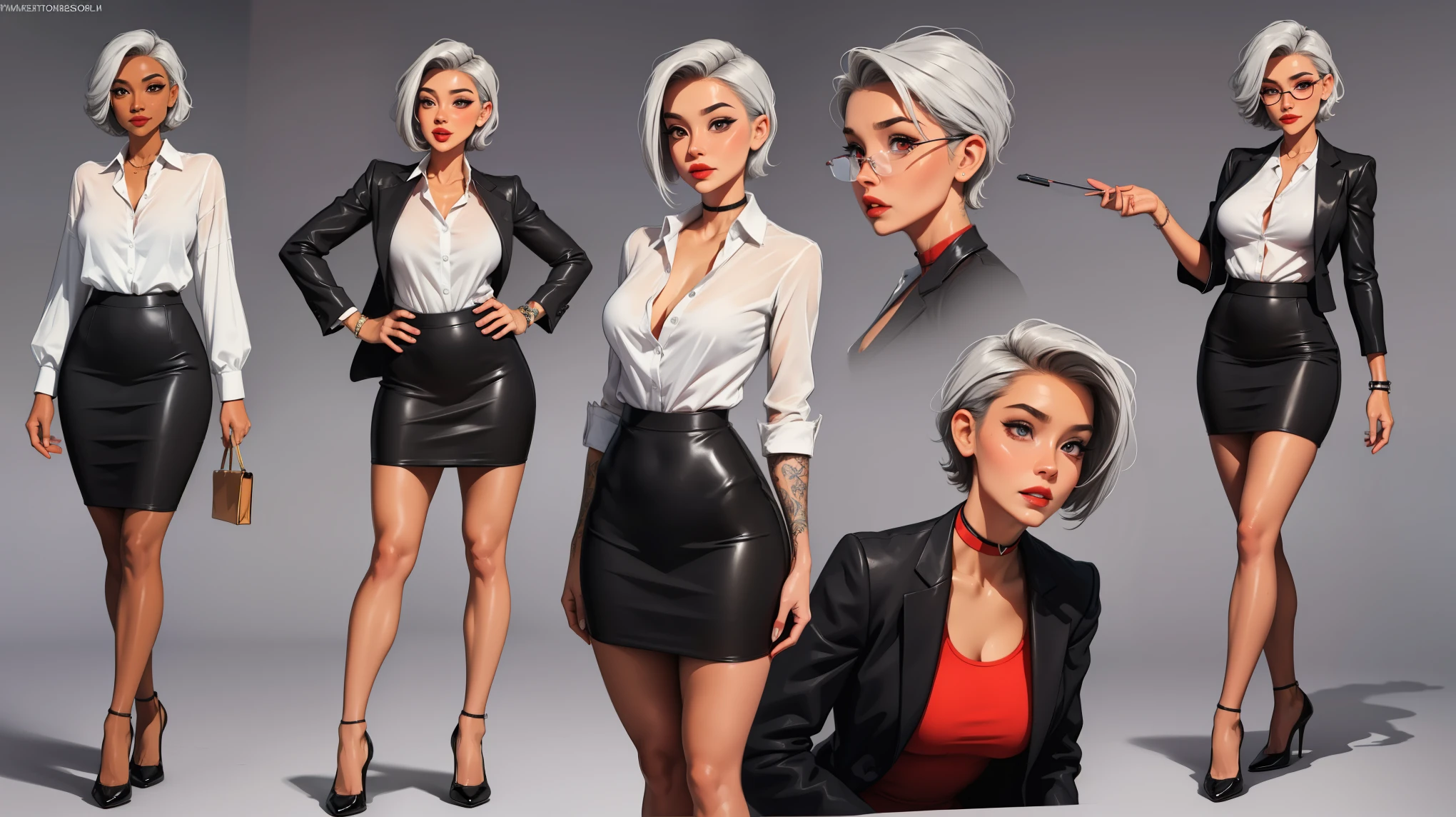 ((Masterpiece, Highest quality)), Detailed face, (character design sheet), full bodyesbian, Full of details, frontal body view, back body view, Highly detailed, Depth, Many parts, Multiple poses and expressions (mature woman with short grey hair) (red eyes), 35 years old, dominant gorgeous girl, same character, muscle body, (woman dark skin), african woman, evil smile, red lips, (business suit), girl tall, chokers, (Sexy Office Lady ), tattoos, glasses, short black skirt, white shirt, pantyhose