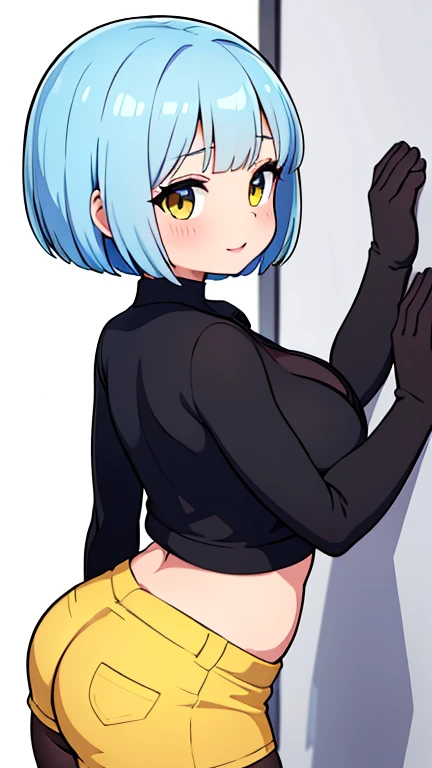 1 Cute naughty Assassin girl, Pastel colors hair, medium breasts, (Thighs, fishnet pantyhose, ninja costume), short hair, (dark blue hair:1.2), (naked:1.3), (forehead:1.2, bangs pinned back, asymmetrical bangs, hairclip, side ponytail:1,2), standard height, (Serious, Large eyes, yuruyuri), at the adventurer's guild, A bulletin board with posted paper
