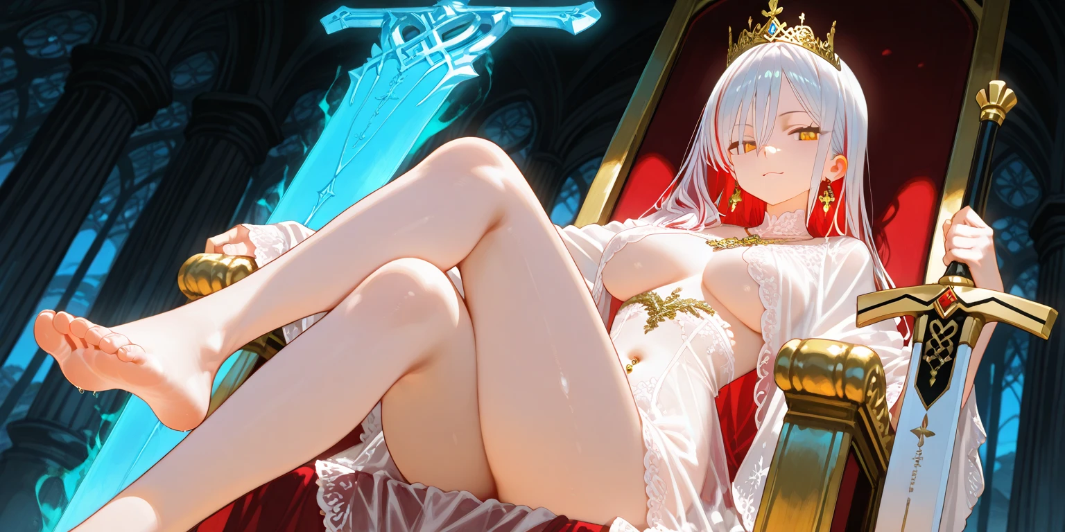 a demon queen with long white hair, red highlights, and piercing yellow eyes, wearing a revealing outfit that shows off her seductive figure, standing on a throne in a dark, ruined background full of crumbling architecture, (best quality,8k,highres,masterpiece:1.2),ultra-detailed,(realistic,photorealistic,photo-realistic:1.37),intricate details,hyper realistic,dark fantasy,dramatic lighting,cinematic,chiaroscuro,moody atmosphere,haunting,alluring,captivating,intense gaze,seductive pose,red tint,dramatic shadows,decaying ruins,throne room,opulent