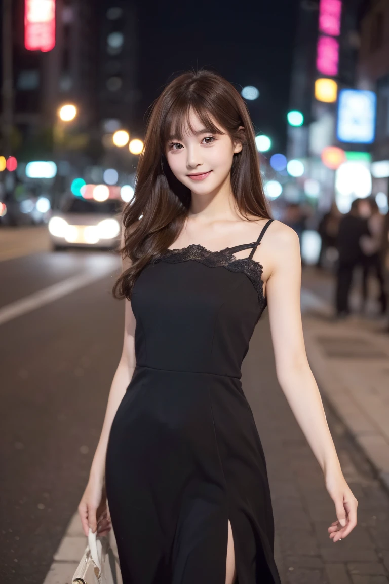((best quality, 8k, masterpiece :1.3)), 1 girl, smiling, whole body, face slimming, pretty Woman, (Dark brown hair), full length dress :1.1, Super detailed faces, delicate eyes, double eyelids, blurred background, face slimming, City, external, street,