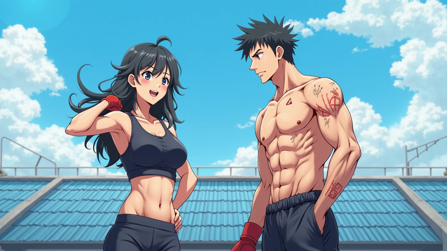 A young and cute Japanese street fighter。My body was slammed into the wall of the alley、Being hit by someone。Short black hair。Sweating a lot。Covered in blood。One eye closed。shortness of breath。Drooling from the mouth。Sports Bra。Denim shorts。Open Finger Gloves。