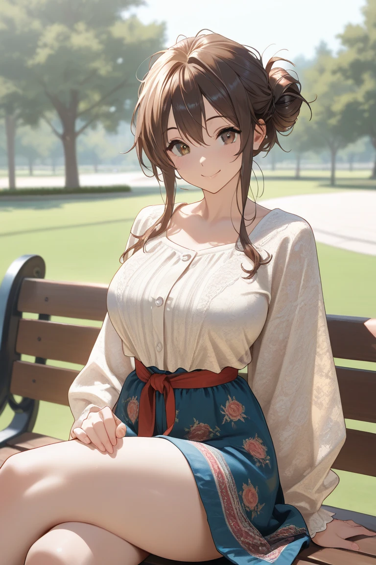 (highest quality,masterpiece:1.3,ultra high resolution),(Super detailed,caustics,8k),(realistic:1.4,RAW shooting),18-year-old,cute,Super beautiful,Japanese woman sitting on the terrace of a cafe, long curly hair, turn around, off shoulder, big round eyes, sunlight, With bangs, brown eyes, Narrow forehead, , smile, long skirt,big breasts,