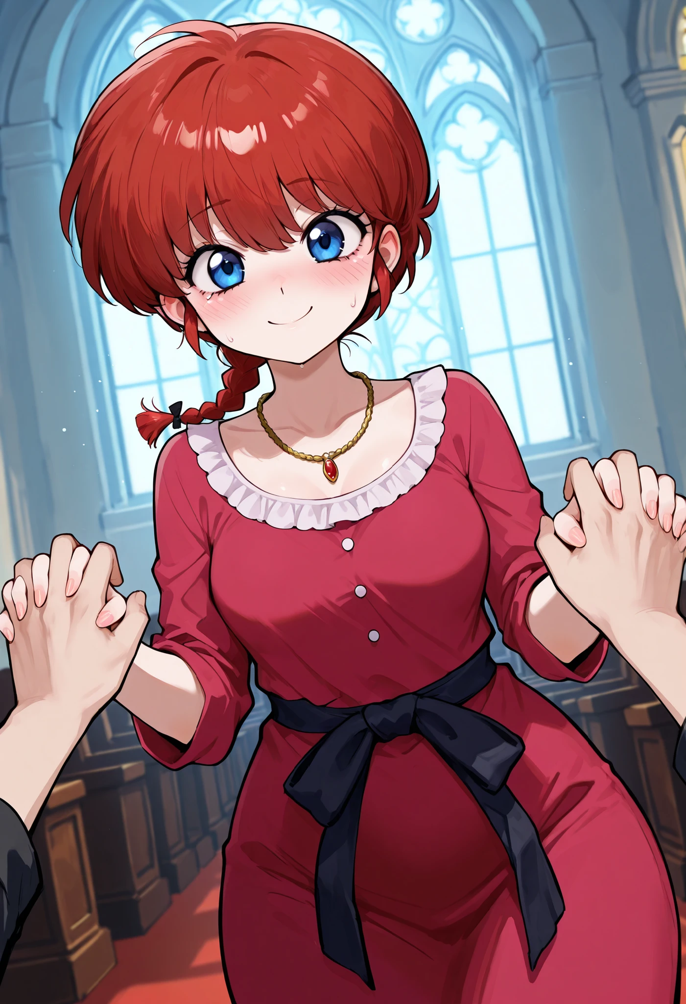 safe_pos, Ranma Saotome. red hair. pigtail. blue eyes. braid. small breasts. huge hips. necklace. black eyeliner. pink manicure. | score_9, score_8_up, score_7_up, source_anime, red wedding ring, marriage proposal, pov, pov hands, hand grab, blush, tears, church, smile, dutch angle, looking at viewer, cowboy shot,