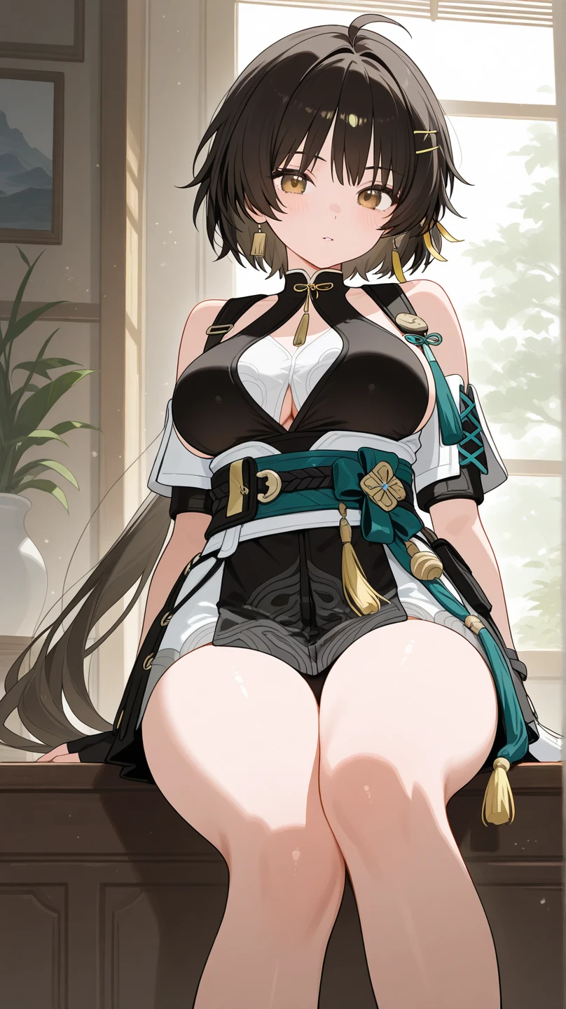 (masterpiece, best quality, extremely detailed CG, beautiful detailed eyes, ultra-detailed, intricate details:1.2), tingyun,looking at viewer,wariza,hands between leg,head tilt,light smile,closed mouth,