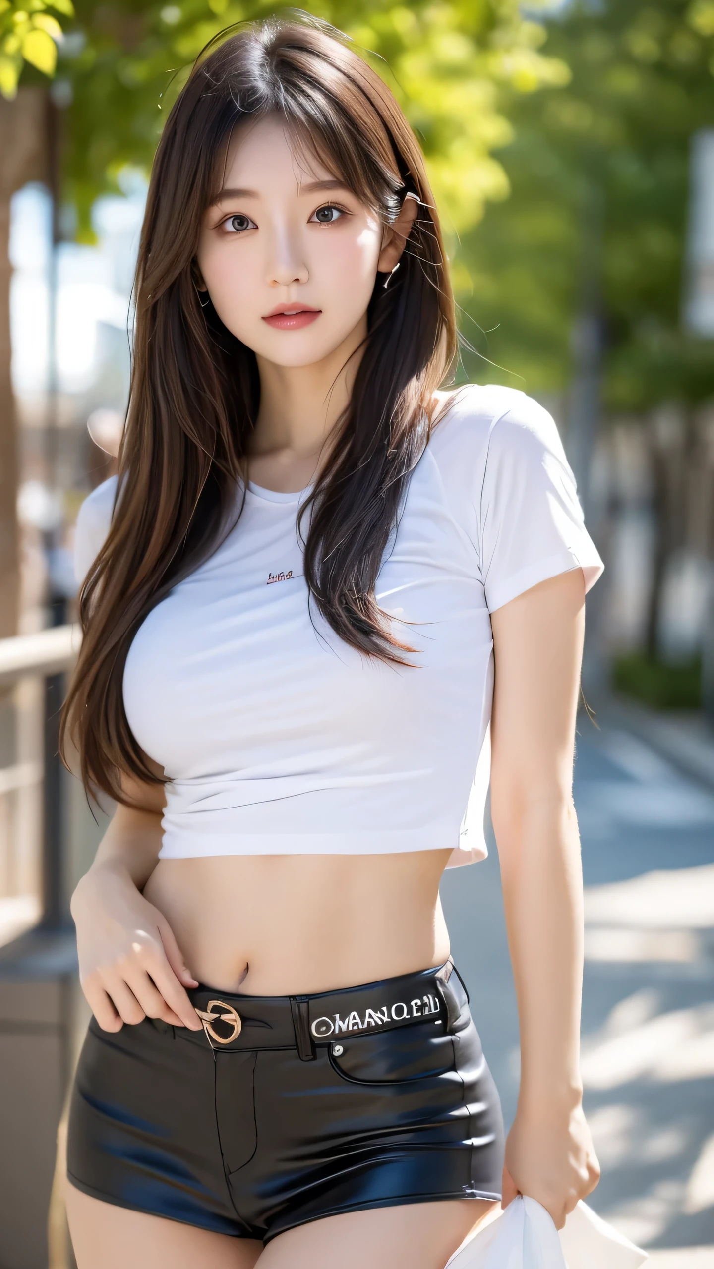 ((Realistic lighting、top-quality、8K、Master masterpiece:1.3))、Clear focus:1.2、a 1 girl、Perfect Body Beauty:1.4、Slim abs:1.1、full body Esbian、((dark brown hair、large full breasts:1.3))、(Acceleration:1.4)、(outside of house、Daylight:1.1)、View of Waikiki Beach、Palm Tree、Slender face、Fine eyes、二重まぶた、Fashion Model Pose、Floating hair、tshirts、Pendants、