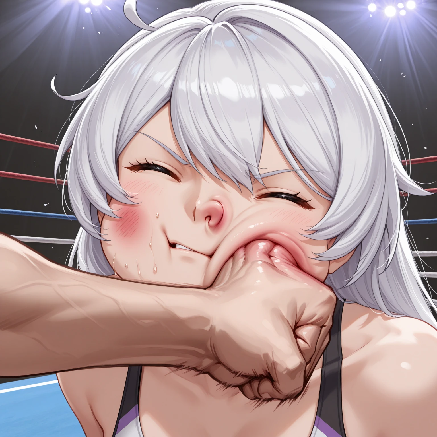 (((masterpiece))),(((best quality))),(ultra-detailed,high resolution:1.2),(illustration),((an extremely delicate and beautiful)),(detailed background), (((((hug from behind)))), sex from behind, standing sex, ((((motion lines)))), vulgarity, (((wrestling ring)))), ((1petit girl)and(1fat man)), (height difference),hetero, ((((1petit girl,short stature)))), ((((silver wolf/(Honkai:star rail/)))), (slender body:1.4), (long hair,pony tail),drill hair,grey hair, grey eyes, ((((flat chest)))), hair between eyes, eyewear on head, covered navel, collarbone, pale skin,shiny skin,((She wears one piece swimsuit,frilly swimsuit, hair ribbon)), ((((panicking)))), (wavy mouth), open mouth, (trembling), (cum on clothes,cum on body,excessive cum:1.4),cum facial,bukkake,cum on hair,cum in pussy, clothing aside, clothed, (1fat man,tall stature:1.4),large penis, he looks ahegao, text,