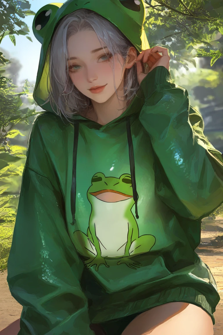 A frog princess (cute asian woman, age 25, over large eyes, loose frog costume) is dancing to celebrate the rain, frogs dance and sing around her, mushroom circle in a forest glade, rainy night