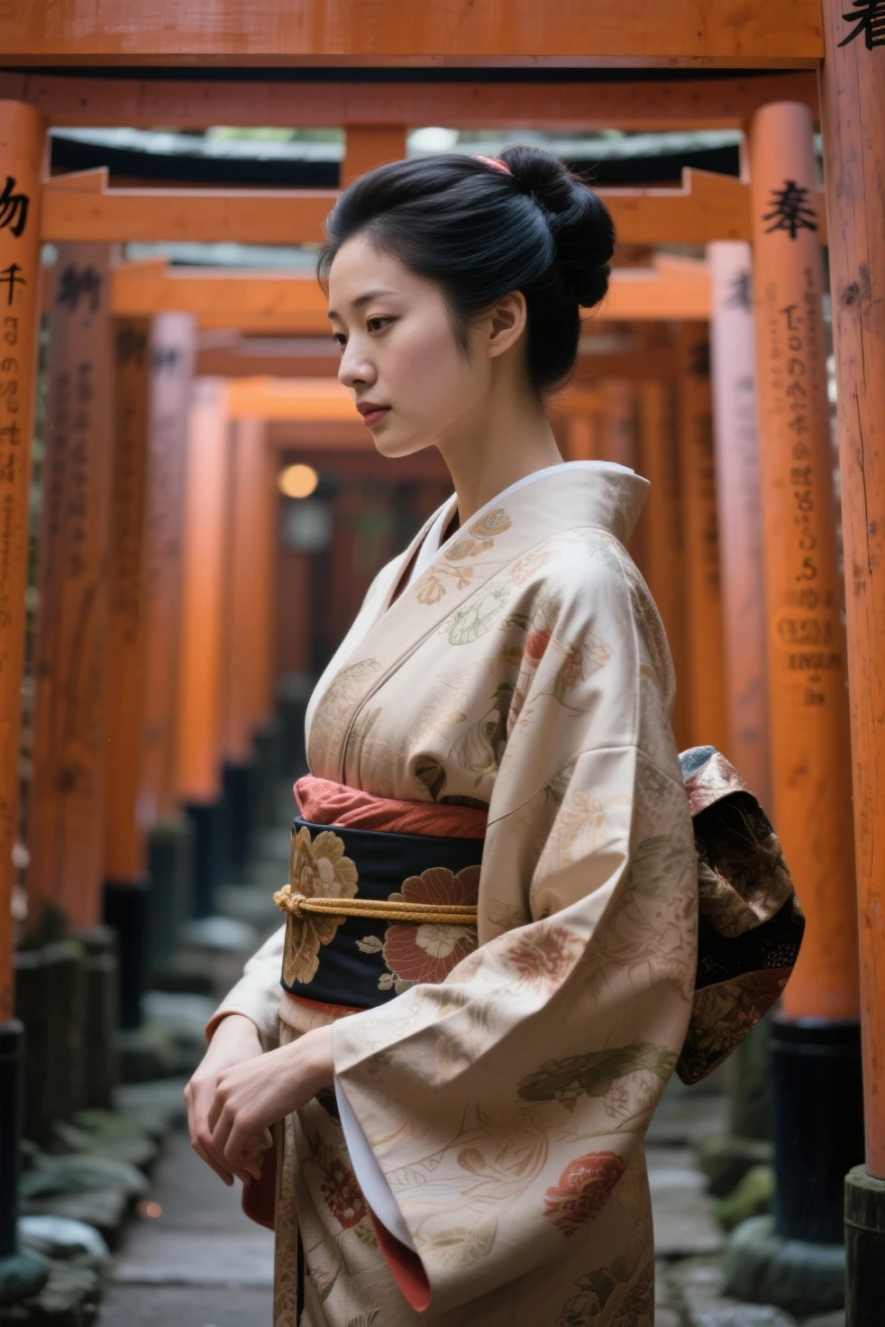cinematic film still of Kodak Motion Picture Film: (Sharp Detailed Image) An Oscar winning movie for Best Cinematography a woman in a kimono standing on a subway train in Japan Kodak Motion Picture Film Style, shallow depth of field, vignette, highly detailed, high budget, bokeh, cinemascope, moody, epic, gorgeous, film grain, grainy
