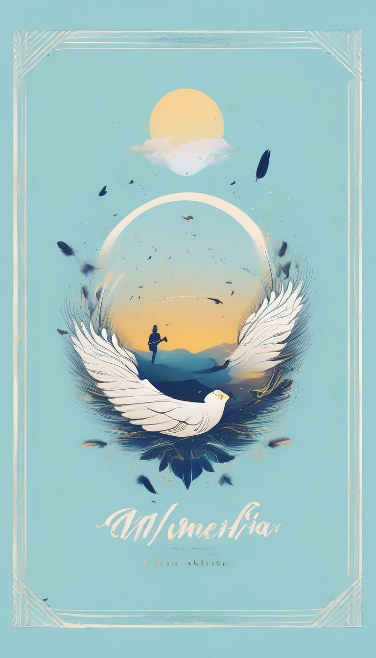 A minimal, high quality, modern, simple, cinematic symbol design for the brand “Penamemoria". The logo of a boy viewed from the back running with open arms, happy and holding an acoustic guitar in the right hand and a bird feather in the left hand while running into the horizon with open arms, almost like he is flying like a bird. The logo must convey a sense of music, stories and dreams. Logo design impressed on a book cover. Minimalistic logo