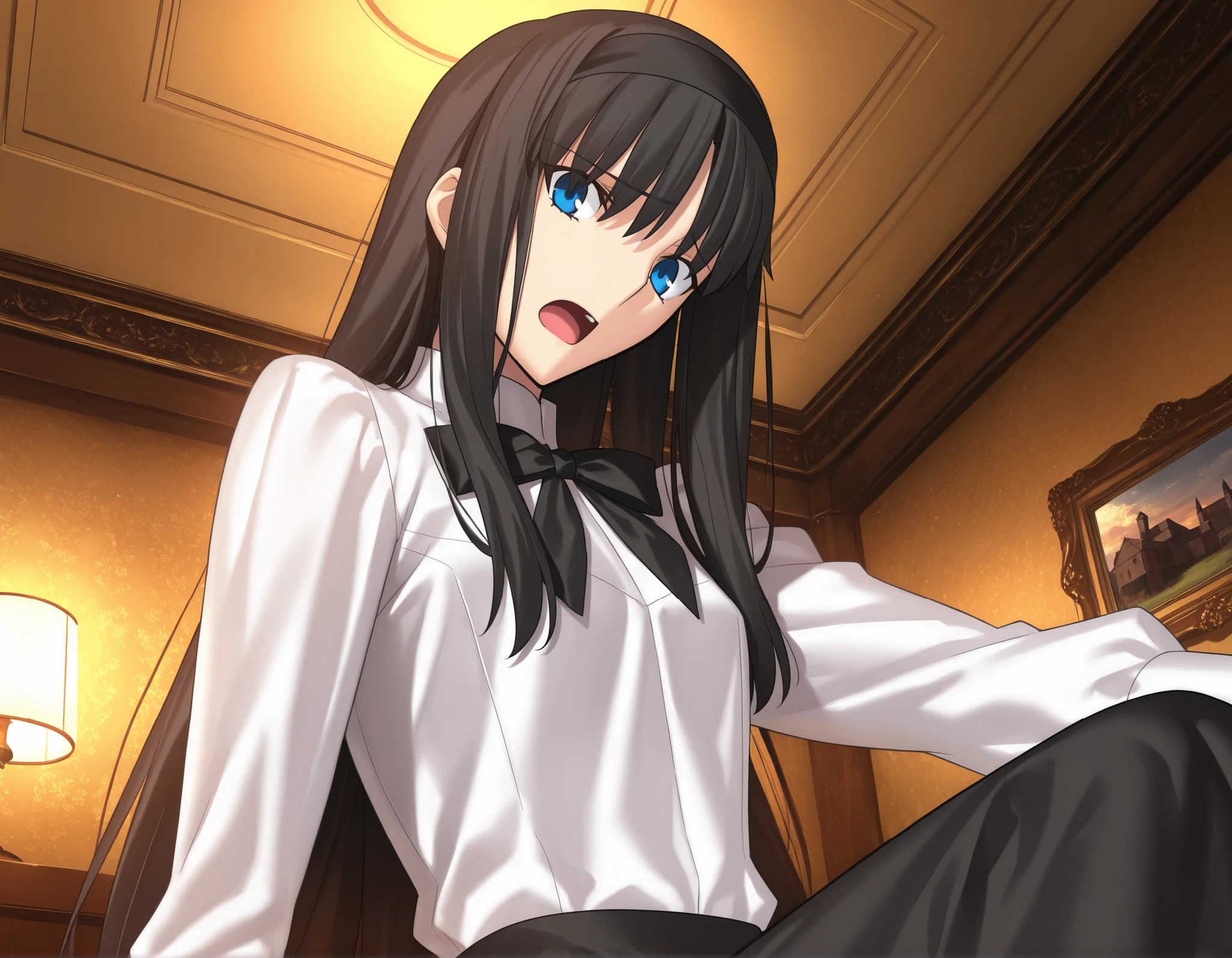 masterpiece, , absurdres, highres, detailed background, high resolution, masterpiece, necessary, detail, best quality, quality, necessary, details, High details, Precise, indoors, hotel room, medieval interior, gothic, from side, from below, close up, pov, (upper body),
1girl, , Takeuchi Takashi (type-moon,tsukihime) style, takeuchi takashi style, (aged up:1.5), sitting,((head tilt)), outstretched arm, ((worried, anxiety)),
tall girl, mature, Akiha_Tohno, (tsukihime), black hair, bangs, long hair, blue eyes, , ,black headband, straight hair, tsurime, ,,
(white shirt, black long skirt), black ribbon, (small breasts, flat chest), ,light open mouth, looking at viewer, ,