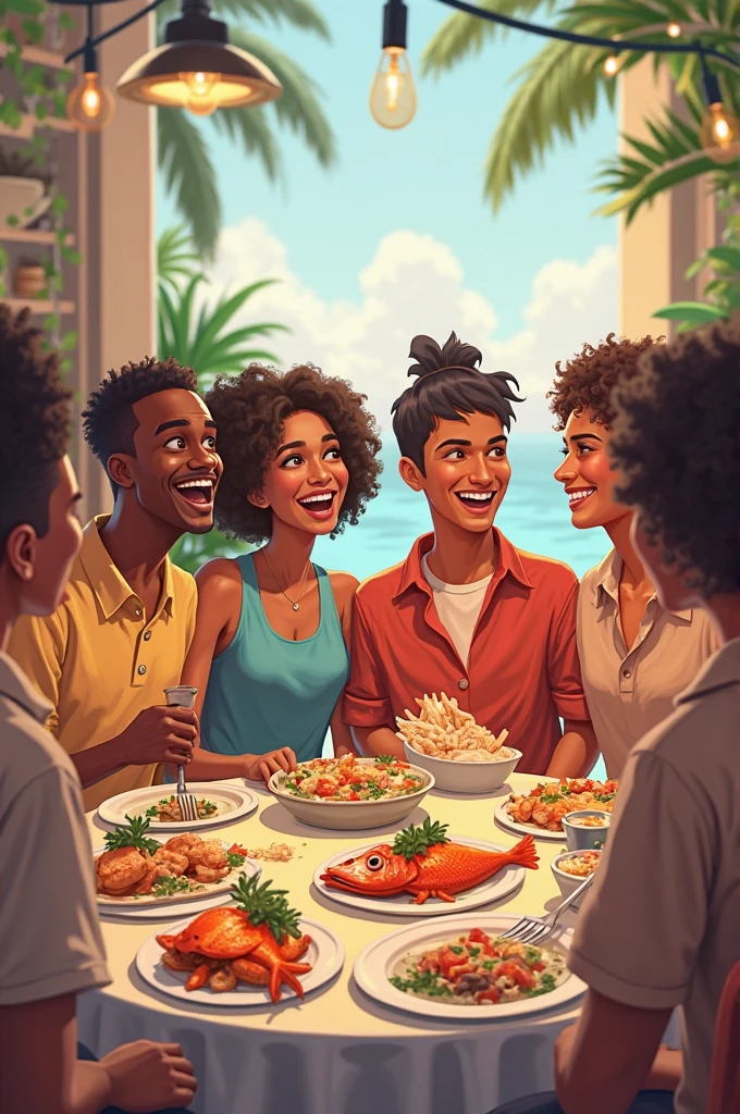 Um homem e uma mulher comem em frente a uma mesa redonda,Tables are filled with a variety of colorful food and drinks,Riram felizes