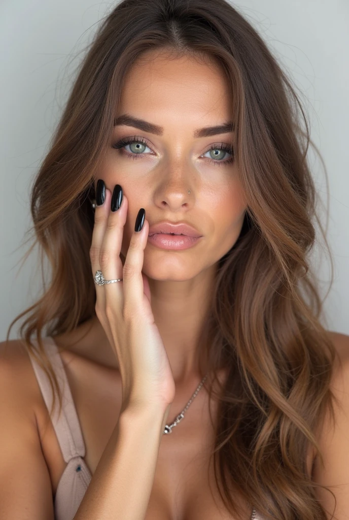 Illustration of a beautiful woman posing as a model in a minimalist, monochrome style. The image should have soft, muted tones like beige or light brown, with a focus on fine details and shading. The woman should have sharp facial features with long open hair and the composition should highlight her hands with long decorated nails. The overall mood should be elegant and sophisticated, with a touch of modern, sleek design. The background should be simple, allowing the main subject to stand out. Do not want a photorealistic image. It has to have an artistic effect.