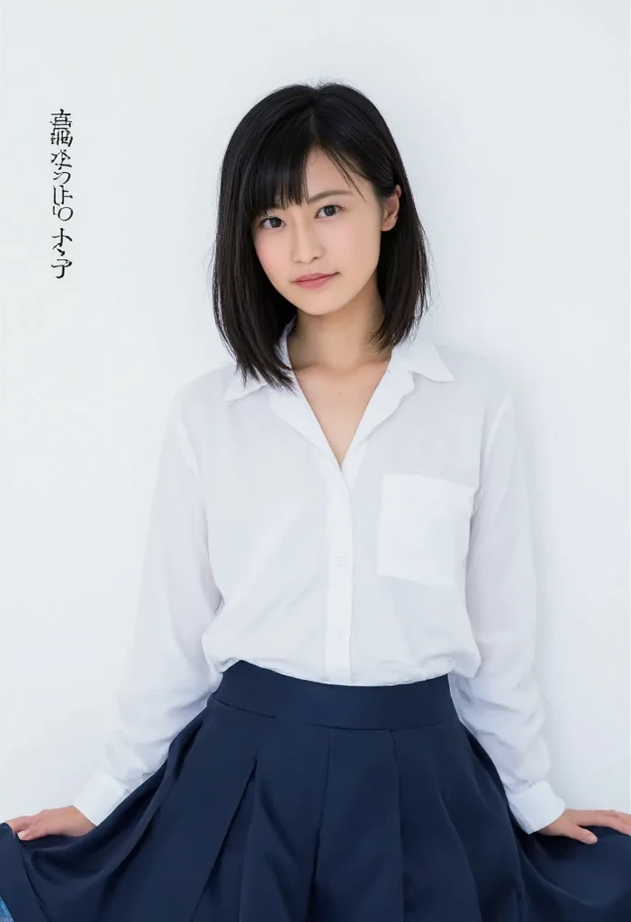 Masterpiece, top quality, official art, highly detailed CG Unity 8K wallpaper, like a schoolgirl, very delicate and beautiful, ultra high resolution, (photorealistic: 1.4), golden hour lighting, (upper body), (platinum shorthair: 0.8), (puffy eyes), looking at the viewer, facing the front, smiling, JK skirt, white dress, Shirt Lift Long Black Hair