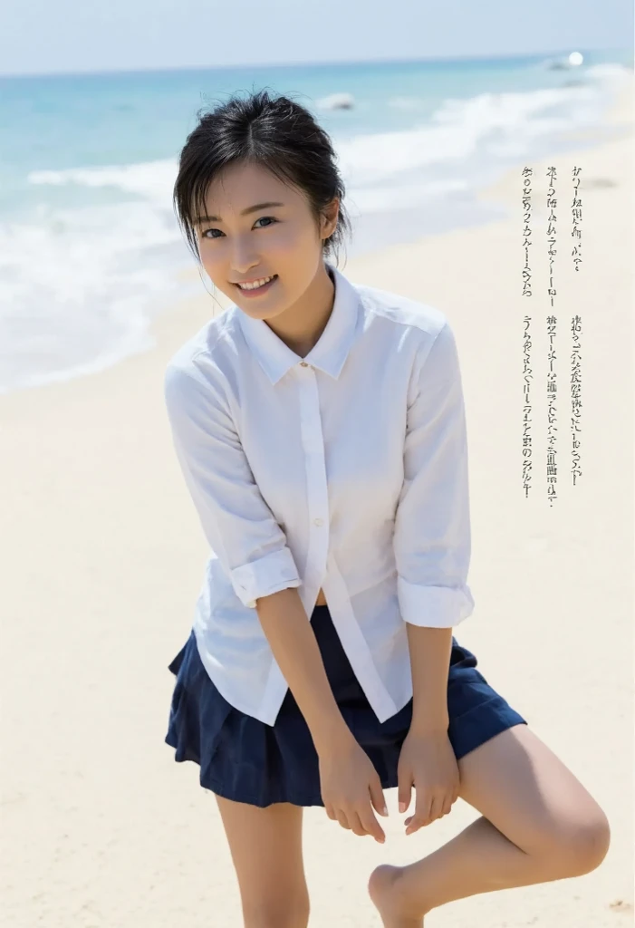 ((Adult magazine cover))(Official Art、highest quality、Unity 8k wallpaper、32K、masterpiece、Very detailed、超A high resolution、Realistic、Photorealistic:1.2)、(Natural soft light:1.2)、Fire glow effect、Film Grain、Best Shadow、Rim lighting、Side light、Side Shot、(Highly detailed and complex 3D rendering)、詳細なBeautiful Faceと目、Sharp pupils、Real students、whole body, Sandy Beach、Beautiful Face、Blurred Background、beautiful girl、Glowing Skin、Beautiful wet black hair、I pulled up my wet shirt(See-through wet shirt)、Pink mini skirt with wet fluorescent yellow checks、(Thighs Thighs:0.9)、barefoot、curve、Dynamic pose、Open mouth smile、(Beautiful breasts:0.9)、I see white pants、(See-through nipples)、((On the beach on Oahu in midsummer))、((flat chest))、((Spread your legs:1.3))((Lie face up on the floor and lower your center of gravity:1.2))、((Brown tanned skin:1.3))
