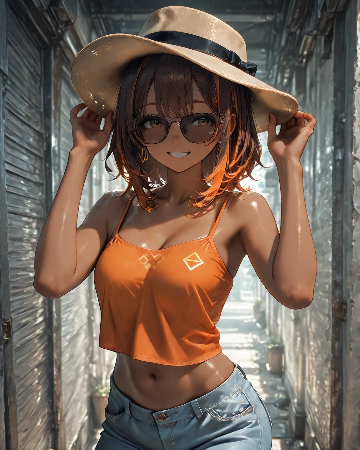 orange twin tails(bangs)、Wearing sunglasses on your head、big breasts、muscular body、Sleeveless and belly button showing the chest(Tank top)、mini skirt、gladiator sandals、tall stature、30 years old、sweaty、spreading hands、smile、garden、legs spread