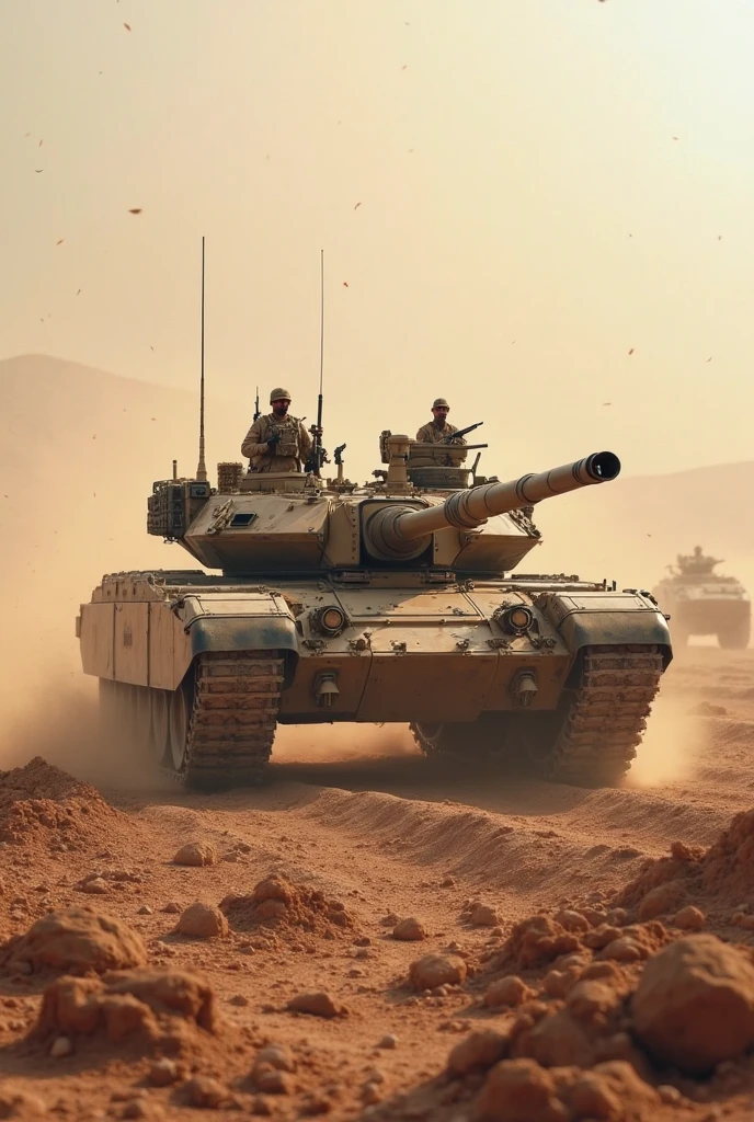 {{{35mm photograph, film, DSLR, professional, 8k, 16k, highly detailed, photorealistic, masterpiece, best quality, super clean resolution, highest res, award-winning photo}}}, (photorealistic:1.4), very detailed, a new main battle tank (MBT) with soviet T54/55 armored chassis and American M1A2 Abrams' turret, the Royal Ordnance L7 Gun, 105 mm, and new type explosive reactive armor (ERA) on the front of the tank, desert camouflage, ready for battlefield, desert landscape,