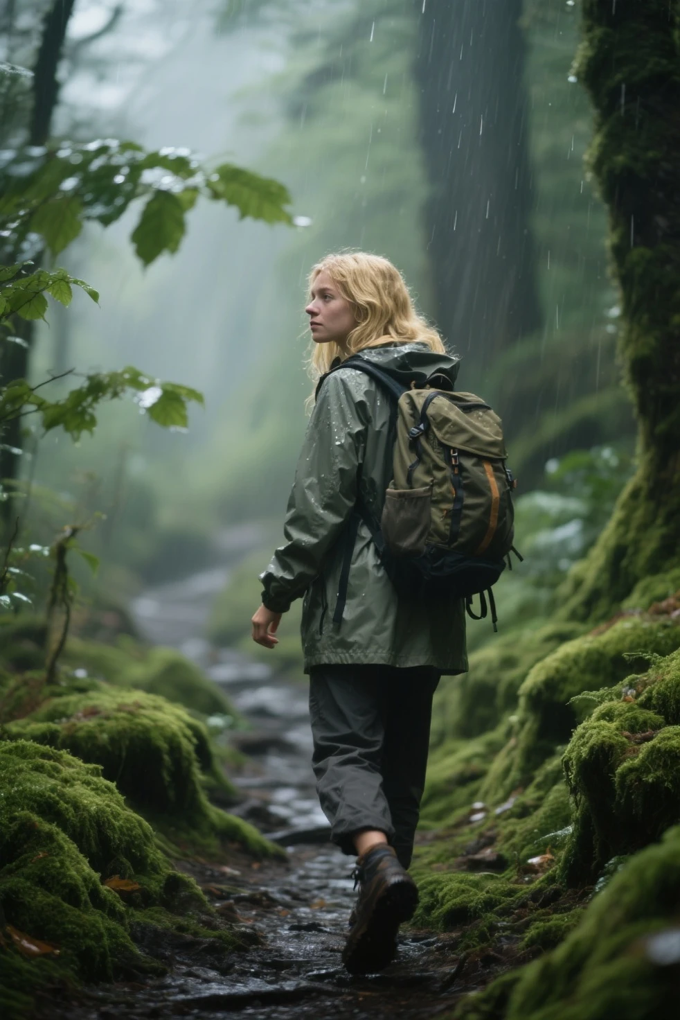 A beautiful little blonde girl walking in a beautiful forest with her back to camera, Very close to the screen