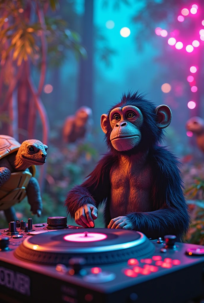 Funk DJ with brown skin, big lips, hand in hand with a monkey, looking at him with love.
