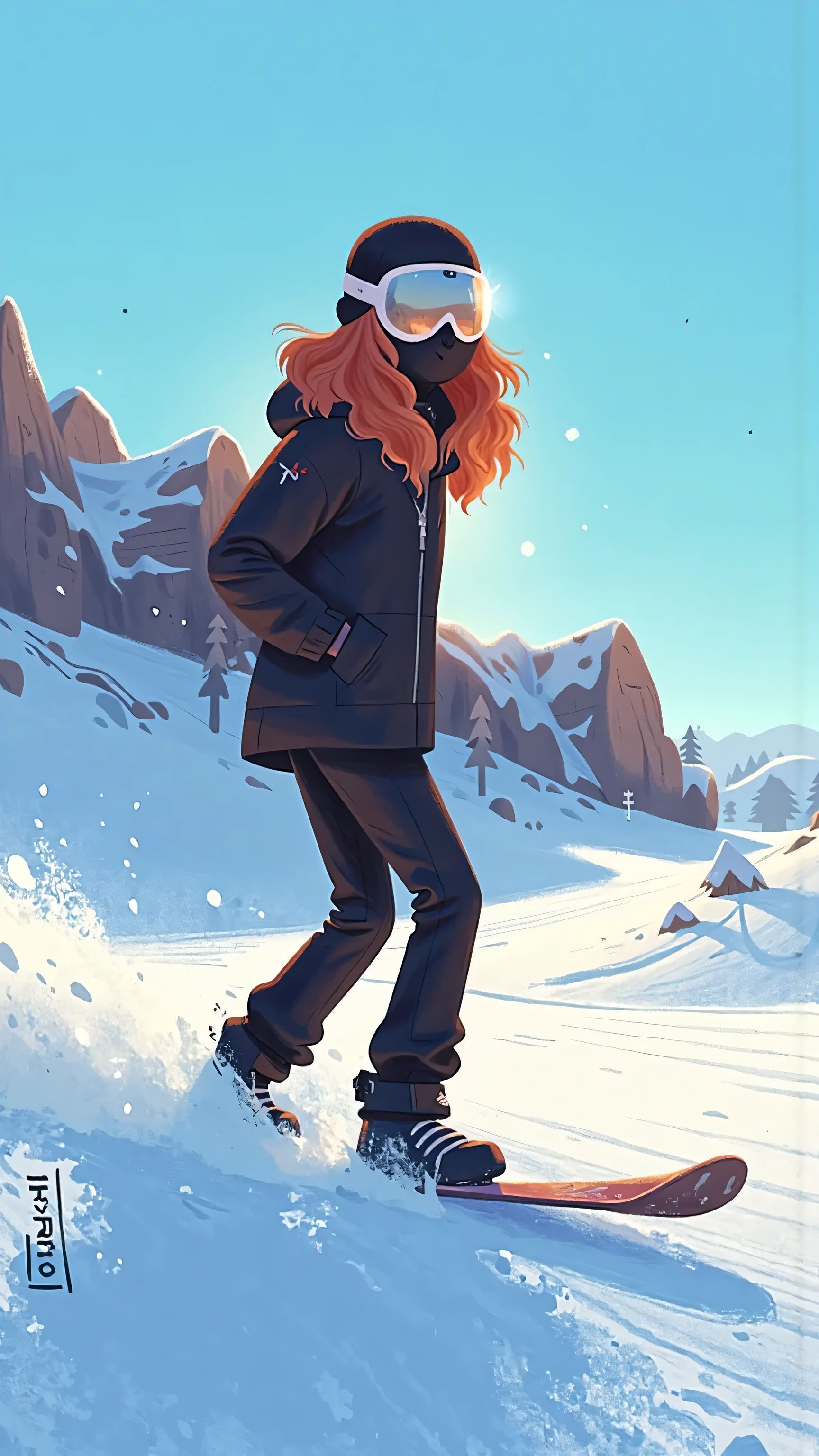 telephoto lens,snowboarding women(long brown wavy hair sliding out of the brim, black mask, wearing a black ski jacket, black helmet to cover the head ,mirrored goggles)standing alone in a snowy slope,Blue sky as background,backlighting creates light spots and contour light。snow powder flying under her feet,rock ridge behind the silhouette,cinematic grade contrast,sharp texture,Wide-angle field of view, illustration, Aletai Jiangjun Mountain。