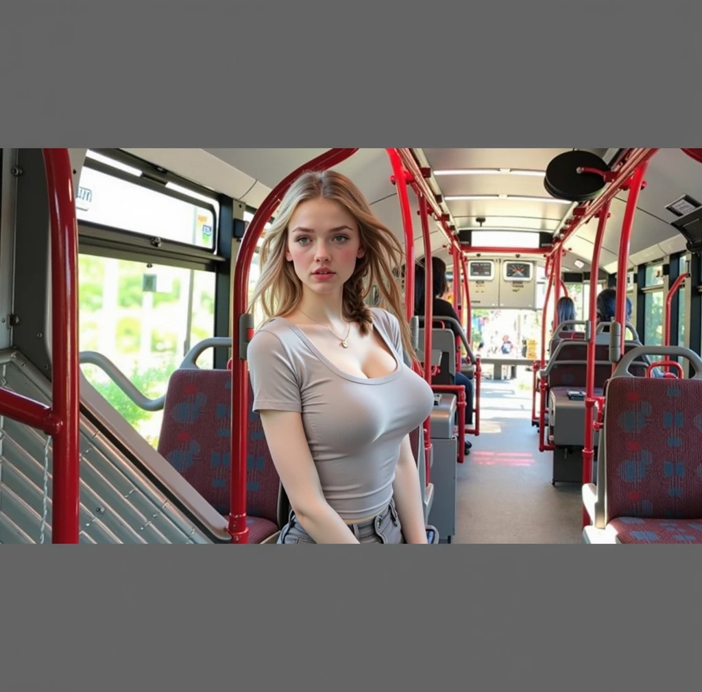 A angry 18yo blonde girl inside a subway car. Cleavage. Perfect makeup. Long hair