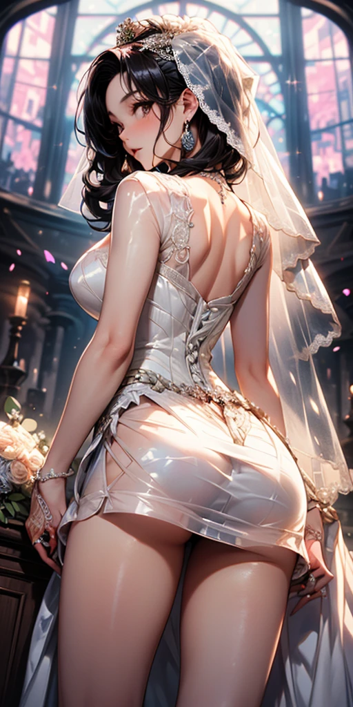 H1N4T4, ((long hair, black hair, bangs, glowing white eyes, blind. wide eyes, lipstick, makeup, narrow waist, skinny, medium breasts, alone, gloves, pale skin)), pelvic curtain, ((white dress, wedding dress, Scooped up the ass, gloves, tiara)), full body, perfect body, (insanely detailed, beautiful detailed face, masterpiece, best quality) , (((solo))), (((1girl))), (((mature))), (extremely detailed 8k paper CG wall unit: 1.1), (wedding, konohavillage, head statues of hokage at mountain, flower, at dawn, church, out of church, cloudy sky, dusk), (smile face for the viewer), big ass, from back, behind, View from above, Diagonal view