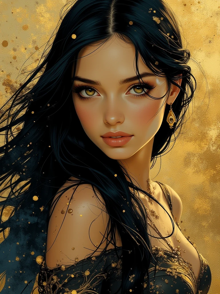 a woman with long black hair in a gold painting, in the style of charlie bowater, dark blue and dark black, michael garmash, comic art, realistic color palette, dark black and beige, soft-focused realism ,, beautiful, detailed, intricate, elegant, highly enhanced, dramatic light, sharp focus, illuminated background, divine, scenic, professional, artistic, attractive, pretty, cute, perfect, innocent, balanced colors, best, romantic, futuristic, stunning, magical, pure, wonderful, delicate, creative, positive, unique, flowing, color, shiny,a woman with long black hair in a gold painting, in the style of charlie bowater, light blue, michael garmash, comic art, realistic color palette, dark black and beige, soft-focused realism ,, beautiful, detailed, intricate, elegant, highly enhanced, dramatic light, sharp focus, illuminated background, divine, scenic, professional, artistic, attractive, pretty, cute, perfect, innocent, balanced colors, best, romantic, futuristic, stunning, magical, pure, wonderful, delicate, creative, positive, unique, flowing, color, shiny,nfsw, full body 