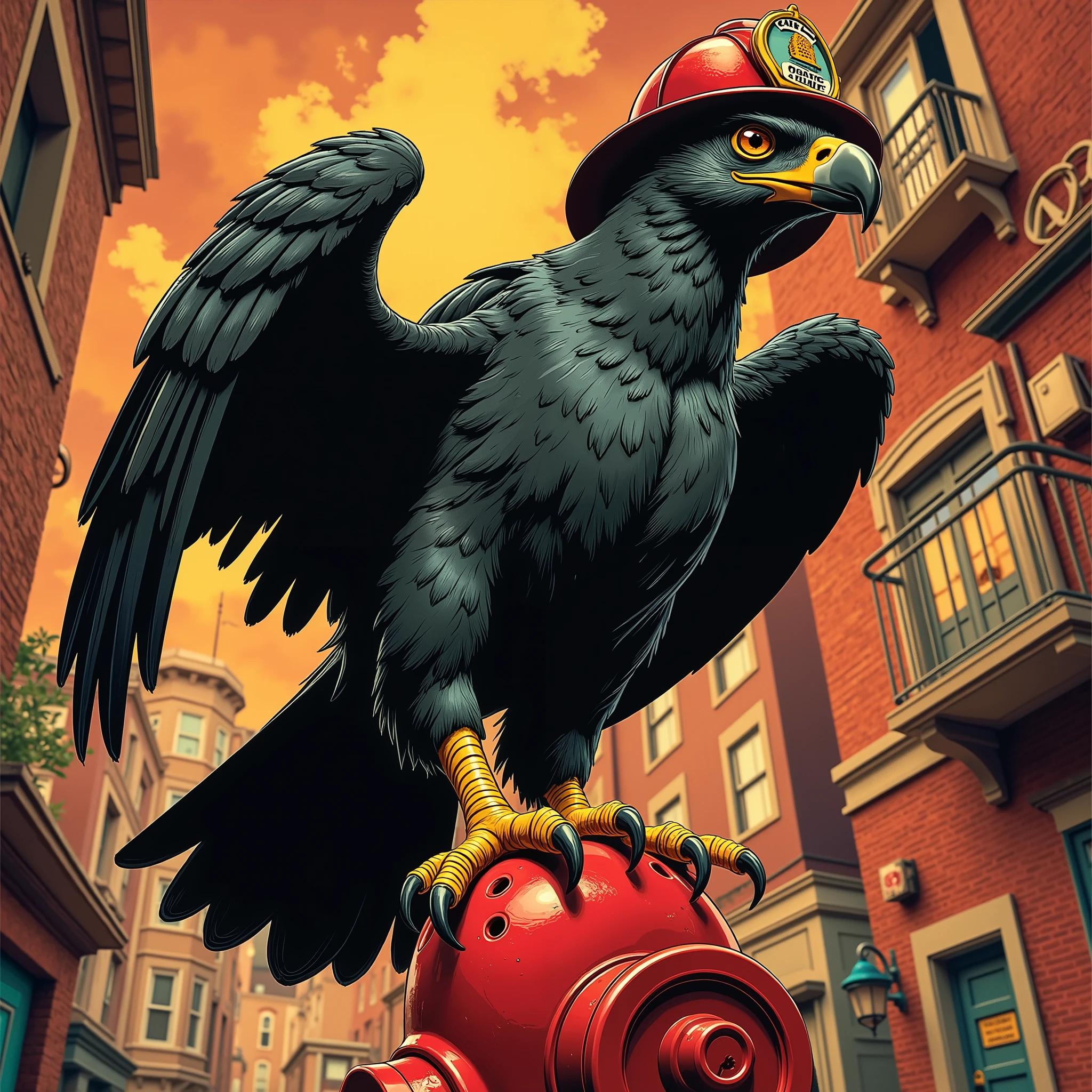 Vector Style , ((comic art)) , (cartoon style) a 5 , Vector-style, Vintage 70s action comic, Vector Style, lowbrow art, A full-body image of a strong, courageous Sea Eagle (Osprey) firefighter perched proudly on a red fire hydrant (or alternatively, a large firefighter helmet). The Eagle has sleek black feathers, a confident stance, and sharp, intelligent eyes. He wears a firefighter’s helmet with a gold badge. His wings are folded with strength and readiness, and his expression conveys bravery and wisdom. The background features a slightly smoky, urban firefighting scene with warm lighting that emphasizes his heroic presence. The entire Eagle is fully visible—nothing cropped.