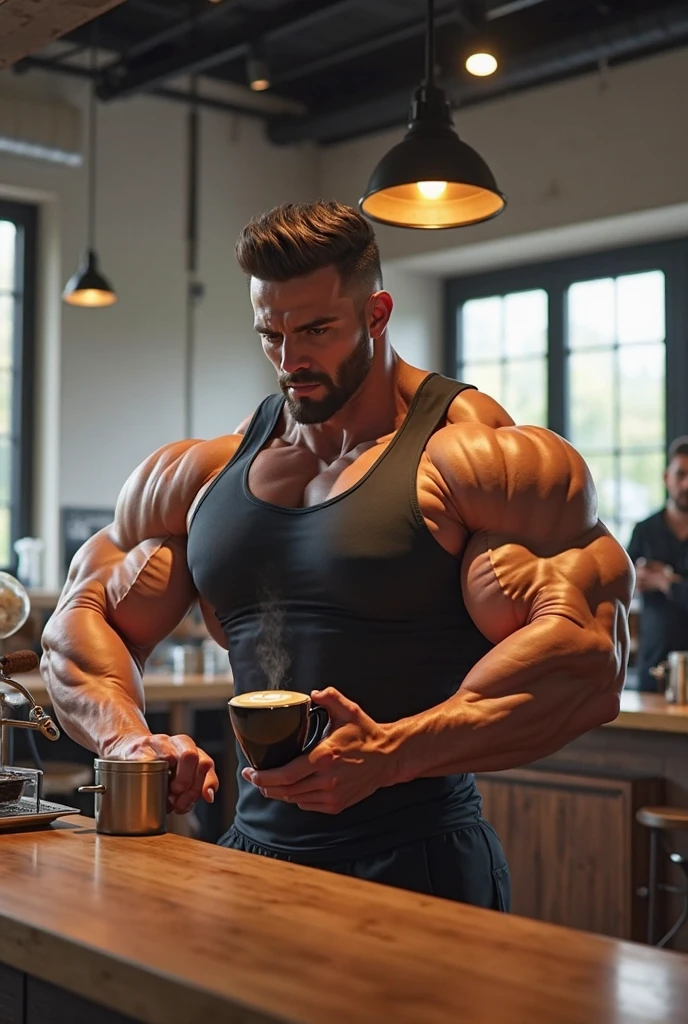 Handsome Indian pehlwan muscular hunk in tight tee shirt with joggers with huge bulge wetty spoton bulge, doing shopping and drinking coffee from tumblr in shopping mall, head to thigh view