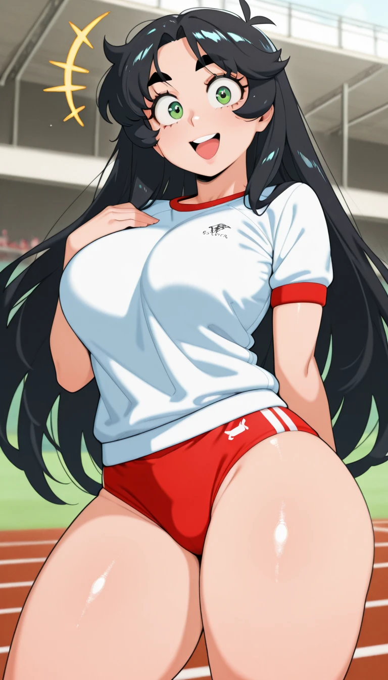(melhor qualidade:1.3), (qualidade 4K), good composition, green glowing light, full body, head rest, lips, (pretty face, low-tied long hair, ((red_eyes:1.3)), (day:1.2),yor, , sweaty body, big eyes , wide bold lips, athletics stadium , extreamly voluptuous curvy body , , (low-rise tight panty) , perfect abs , thick calves, sweaty body, attractive smile, cheek blushed , photorealistic, 8k, ultra realistic.