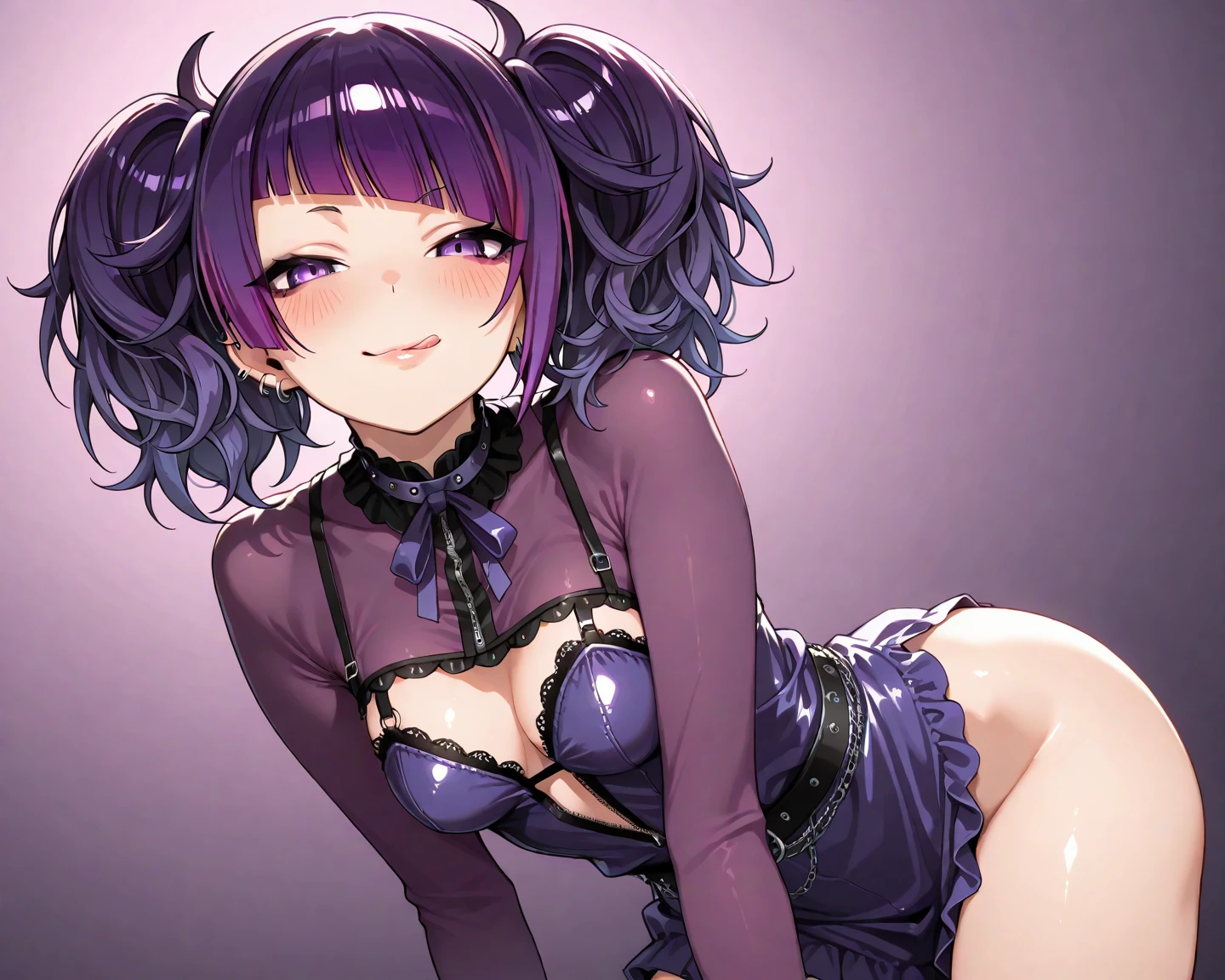anime girl in purple lingerie sitting on a wall, seductive anime girl, oppai cyberpunk, oppai, beautiful anime girl squatting, small curvy loli, biomechanical oppai, oppai proportions, thicc, the anime girl is crouching, beautiful alluring anime woman, hanayamata, ecchi anime style, ecchi