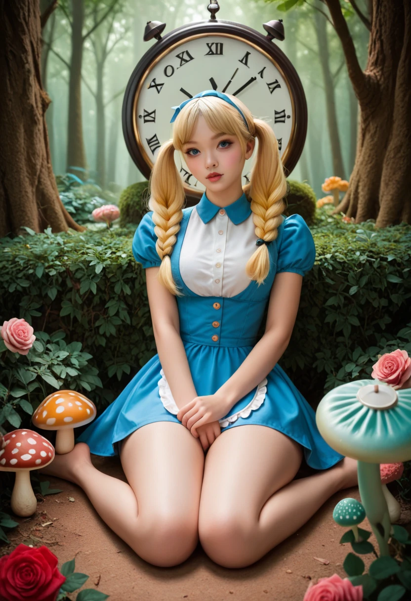A beautiful T-shirt design of a gorgeous 20 year old blonde Ana de Armas with big messy hair in a blue dress, white stockings, black headband, cleavage, holding a glowing mushroom, fantasy art style, highest quality, masterpiece, 8k, 超A high resolution, beautiful face, 