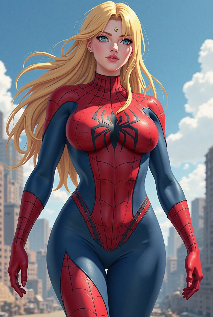 Cute girl , superhero , Tight fitting clothes, sexy body, sexy, yellow hair, Spider Man, full body