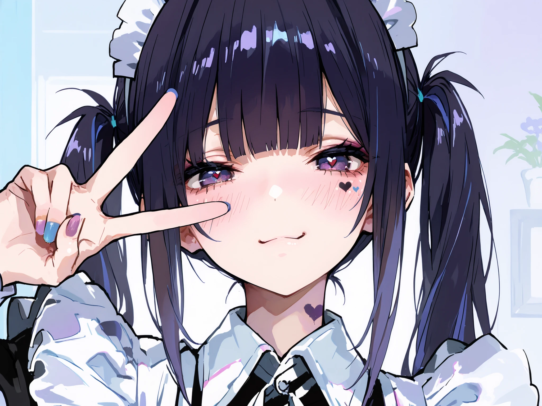 best quality, masterpiece, 748cmstyle, 1girl, heart facial mark, v over eye, nail polish, looking at viewer, purple eyes, purple nails, giggle, dark hair, blush, upper body, smile, maid apron, maid headdress, collared dress, white apron, twintails, blunt bangs, multicolored hair, blue nails, sidelocks, hand up, fingernails