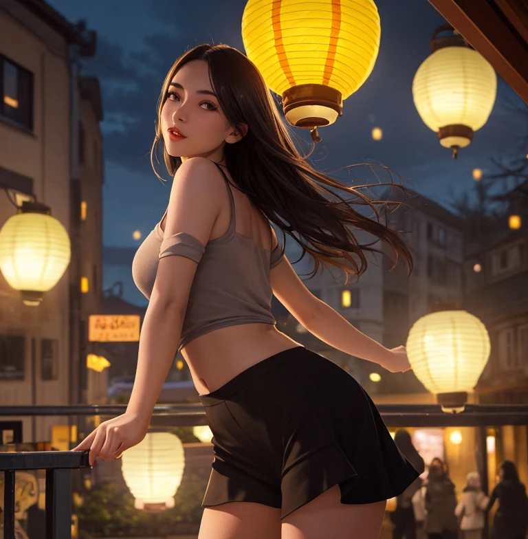 1girl, super beautiful girl, dream girl, wearing a one piece swimsuit, ulzzang, dancing, in the background a party, lightning in the sky, ultra details, ultra realistic, cinematic , octane render, 16k