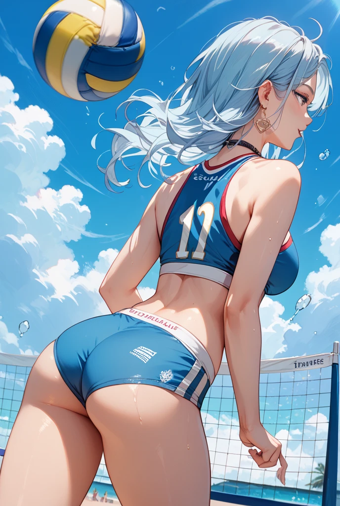 An image in high resolution captures a woman with a mischievous expression, short blond hair framing her face, captivating very blue eyes, and a seductive smile. Her toned and (((muscular body))) is flawless, She is on the beach, using a white bikini. She is holding a volley-ball. She is all wet and blush, with a offegant face, Full body, big ass. Emphasis on the butt