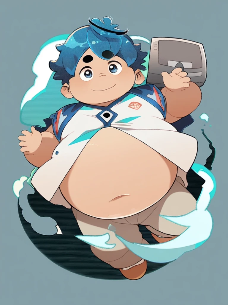 Full Body Blue, Body Noise-Sensing, as a computer folder, Wearing School Uniform, chubby , cute, with a big belly to reveal clothes, Fatty, No Glasses , With hair, Overweight, Big belly, anime style
