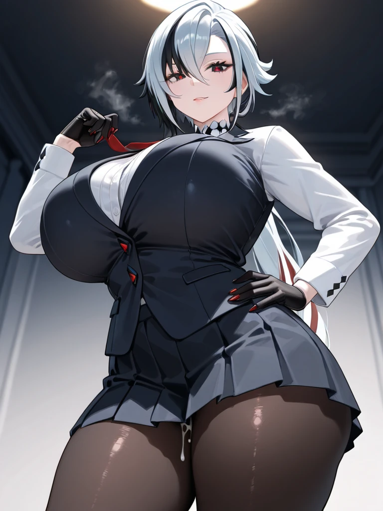 NSFW, arlecchino, arlecchino from genshin impact, office lady, big tits, cool girl, a quiet and serious girl, badass, firm expression, sexy model pose, office background, white shirt, short skirt, black stocking, full body, sitting on the chair