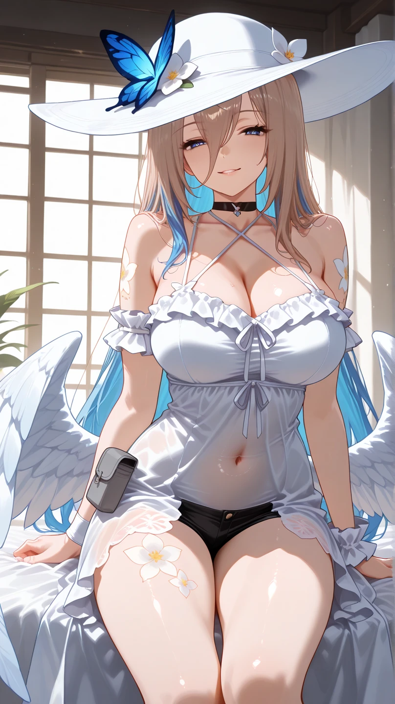 score_9,score_8_up,score_7_up, 1girl,long hair,blush,bangs,blue eyes,large breasts,dress,ribbon,cleavage,bare shoulders,very long hair,collarbone,hair ribbon,thighs,cowboy shot,sleeveless,alternate costume,day,indoors,mole,hair over one eye,window,sleeveless dress,blue dress,light brown hair,blue ribbon,curtains,mole on breast,asuna (blue archive),angel_wings,((vaginal penetration)), (massive dick:1.9), (wild orgasm:1.9),(squirting:1.5),((belly bulge))