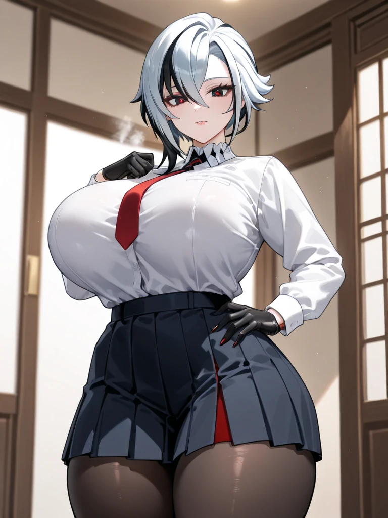 a wolf ear girl, white short hair, big breast, thick thights, gray eye, black jacket, red tie, smile, black skirt,