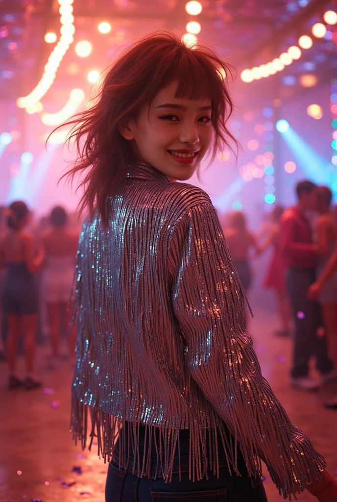 Concept: Sparkling disco backdrop, silver fringe jacket, tousled hair.
Pose: Laughing mid-spin or playful over-the-shoulder glance.
Props: Glitter dust or confetti in the air.