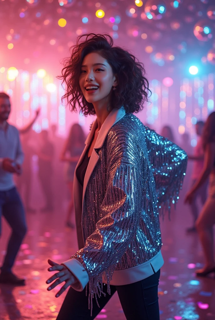 Concept: Sparkling disco backdrop, silver fringe jacket, tousled hair.
Pose: Laughing mid-spin or playful over-the-shoulder glance.
Props: Glitter dust or confetti in the air.