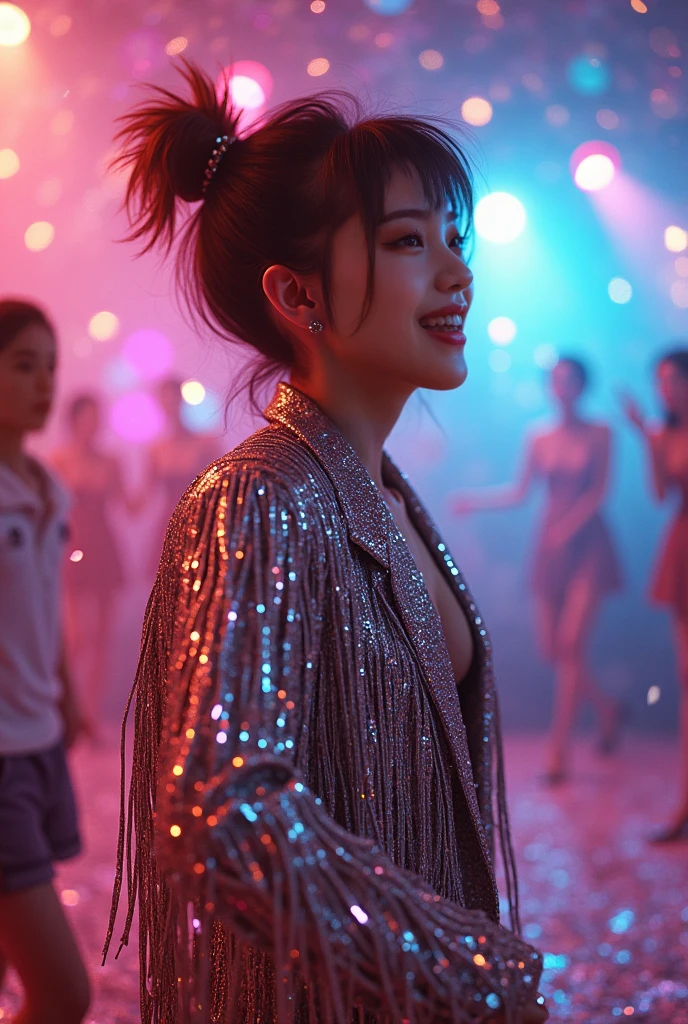 Concept: Sparkling disco backdrop, silver fringe jacket, tousled hair.
Pose: Laughing mid-spin or playful over-the-shoulder glance.
Props: Glitter dust or confetti in the air.