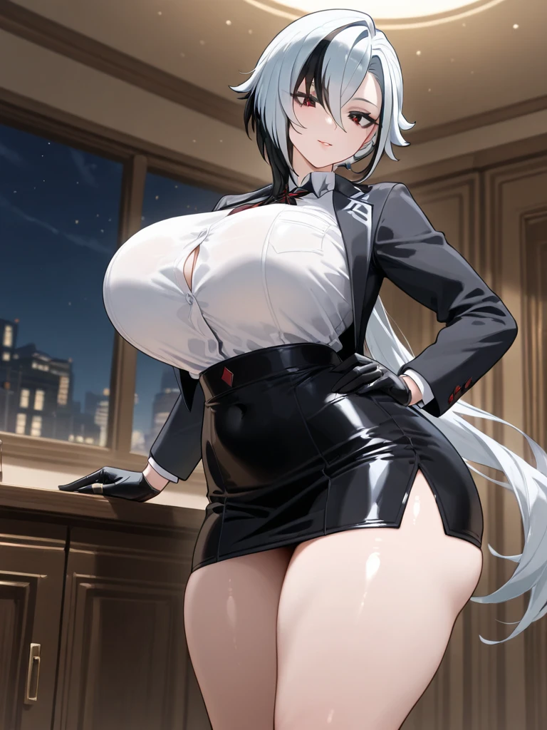 Silver Hair、((((Huge Breasts))))、Long Hair、Contemptuous gaze、tall、Black office suit、Brown Skin、milf、Raised eyebrows