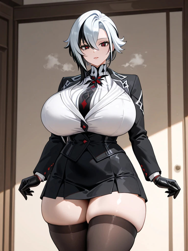 (top-quality, in 8K, 32K, masterpiece, A high resolution, Impressionism, Photorealsitic:1.2, anime style), (((((detailed faces and eyes, beautiful face, black eyes, red x-shaped pupils, cold expression))))), (((Masterpiece, 1 mature female, solo, Arlecchino, white and grey jacket with long sleeves, black trousers, high collar, formal suit, white hair with black streaks, black gloves))), Cinematic, (((( big belly, massive breast, big thighs)))) 4k, fantasy world (((((((solo)))))))