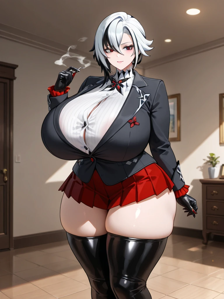 (top-quality, in 8K, 32K, masterpiece, A high resolution, Impressionism, Photorealsitic:1.2, anime style), (((((detailed faces and eyes, beautiful face, black eyes, red x-shaped pupils, open mouth))))), (((Masterpiece, 1 mature female, solo, Arlecchino, white and grey jacket with long sleeves, black trousers, high collar, formal suit, white hair with black streaks, black gloves))), Cinematic, (((( big belly, massive breast, massive ass)))) 4k, fantasy room ((((fart, farting, massive fart))))