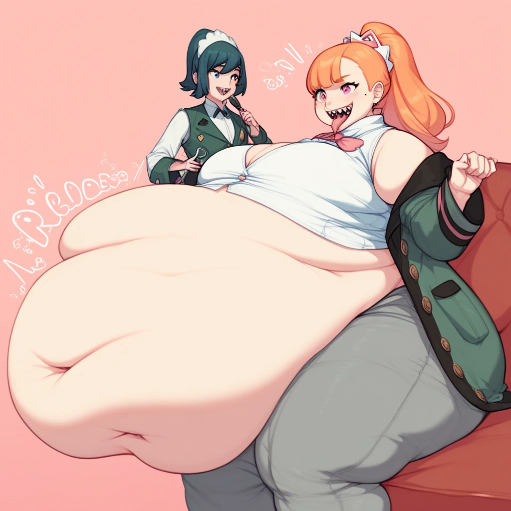 Masterpiece,best quality,high resolution,2 girl,red hair,long hair, fluffy hair, green eyes, cheerleaders, skirt,top, happy, smiling, facing each other, mature woman, voluptuous figure, (((breast press,belly press))),huge breasts,huge hips,huge ass, gigantic belly,((both have big belly's)), stuffed belly's 