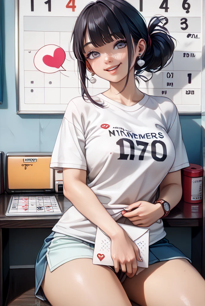 mature woman, mature face, hot face, glossy lips, (black hair, short hair, hime bangs), mature body, big breast, loose t-shirt, magenta t-shirt, visible bra strip, lab coat, hotpants, lab