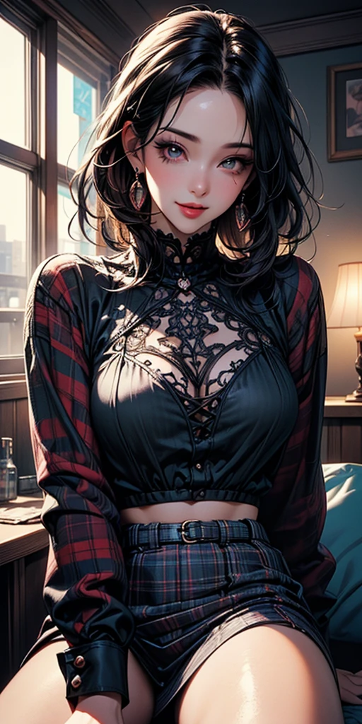 1 girl, solo, red eyes, cat ears, brunette, wavy hairstyle, wearing bottom lip pierce, wearing earrings, wearing a black velvet choker, wearing a black velvet lingerie, sitting on couch, long eyelashes, wearing soft makeup